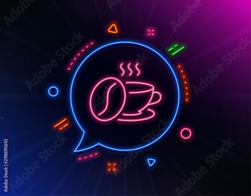 Coffee cup with beans line icon. Neon laser lights. Hot cappuccino sign. Tea drink mug symbol. Glow laser speech bubble. Neon lights chat bubble. Banner badge with coffee cup icon. Vector