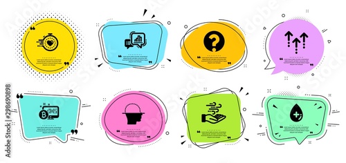 Timer, Oil serum and Swipe up line icons set. Chat bubbles with quotes. Graph chart, Wind energy and Bitcoin system signs. Question mark, Face scanning symbols. Vector
