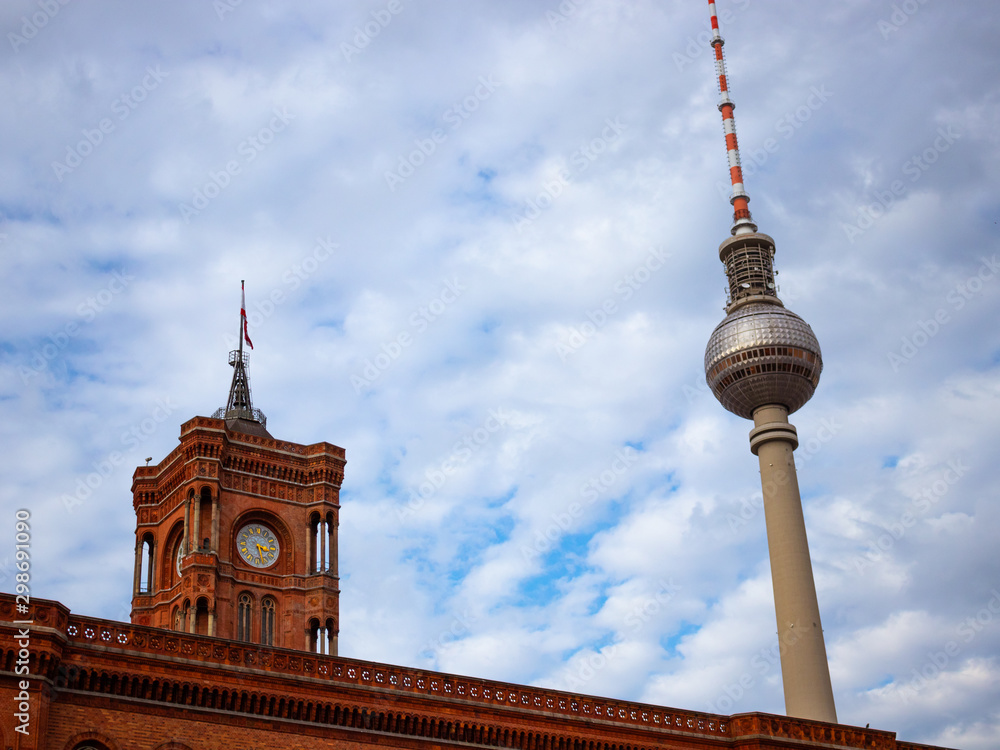 Berlin, Germany - 2019, October 13 - The famous red town hall and the berlin tv tower