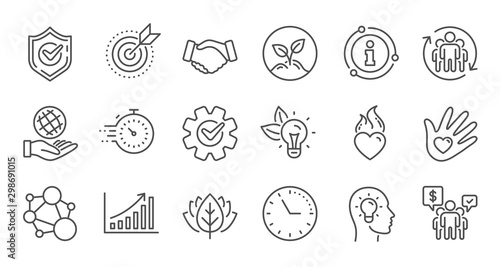 Core values line icons. Integrity, Target purpose and Strategy. Trust handshake, social responsibility, commitment goal icons. Linear set. Quality line set. Vector