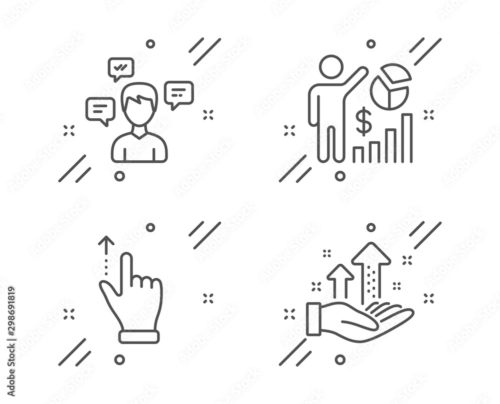 Touchscreen gesture, Seo statistics and Conversation messages line icons set. Analysis graph sign. Slide up, Analytics chart, Communication. Targeting chart. People set. Vector