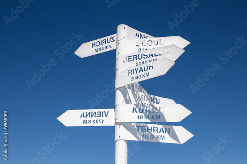 A sign indicating the directions and distances to major cities in the world against a blue sky. Observation deck on the top of Tahtali mountain. Kemer, Turkey