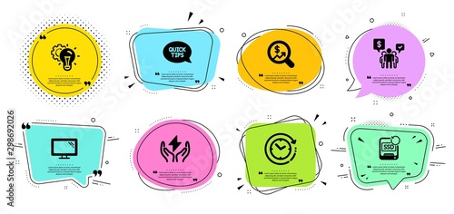 Quickstart guide, Recovery ssd and Idea gear line icons set. Chat bubbles with quotes. Time change, Safe energy and Currency audit signs. Monitor, Teamwork symbols. Helpful tricks, Backup info. Vector