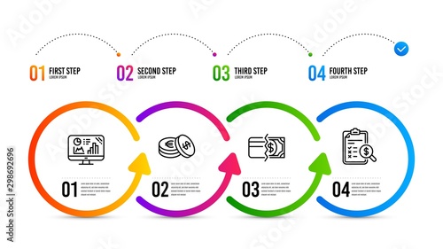 Accounting report sign. Infographics timeline. Analytics graph, Payment methods and Savings line icons set. Growth report, Credit card, Cash coins. Check finance. Finance set. Vector