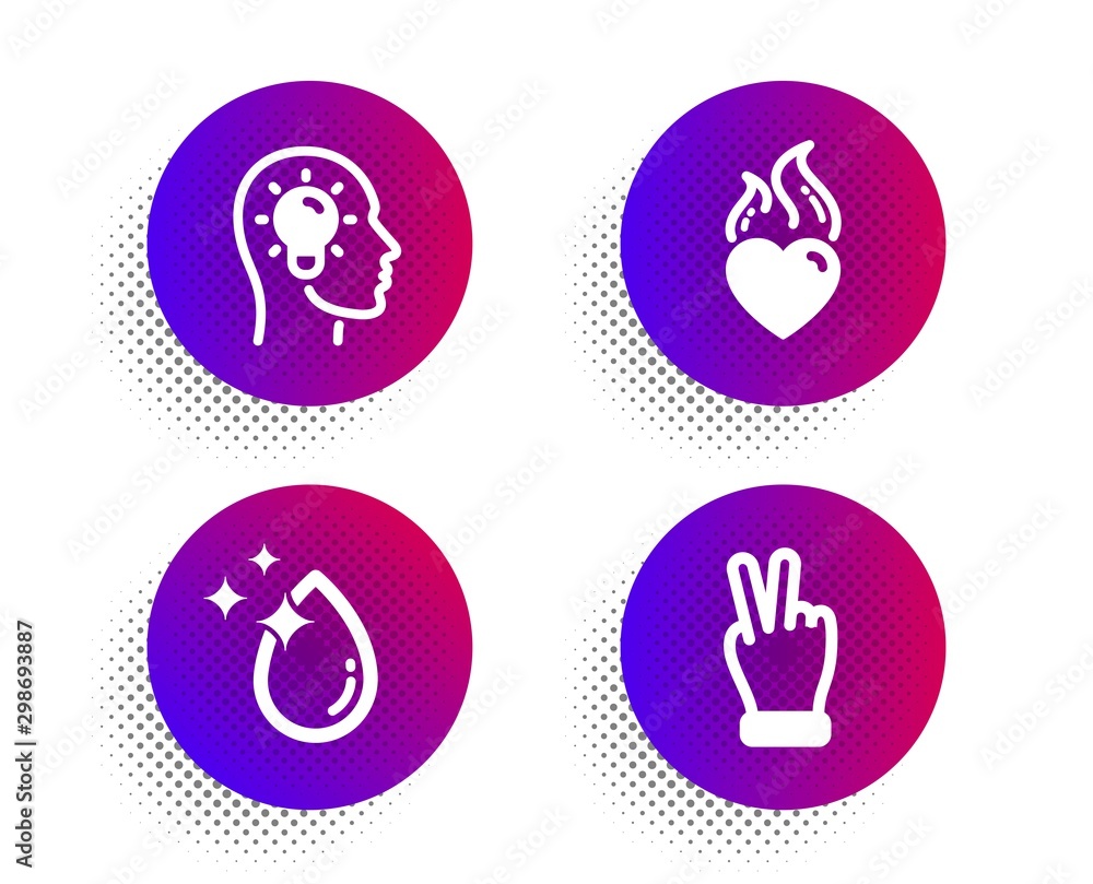 Heart flame, Idea head and Water drop icons simple set. Halftone dots button. Victory hand sign. Love fire, Lightbulb, Crystal aqua. Gesture palm. Business set. Classic flat heart flame icon. Vector Heart flame, Idea head and Water drop icons simple set. Halftone dots button. Victory hand sign. Love fire, Lightbulb, Crystal aqua. Gesture palm. Business set. Classic flat heart flame icon. Vector