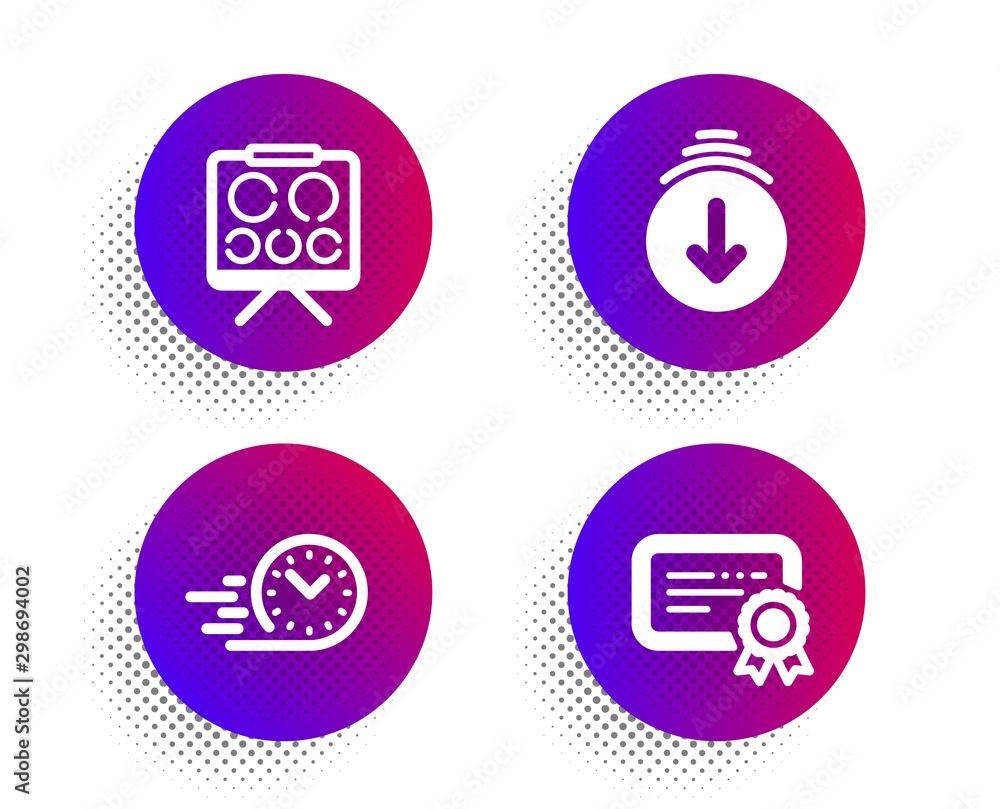 Scroll down, Fast delivery and Vision board icons simple set. Halftone dots button. Certificate sign. Swipe screen, Stopwatch, Eye check. Verified document. Business set. Vector Scroll down, Fast delivery and Vision board icons simple set. Halftone dots button. Certificate sign. Swipe screen, Stopwatch, Eye check. Verified document. Business set. Vector