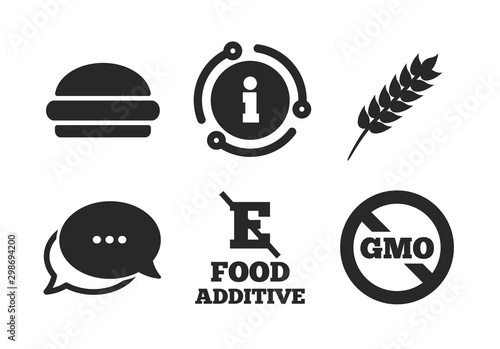 Hamburger fast food sign. Chat, info sign. Food additive icon. Gluten free and No GMO symbols. Without E acid stabilizers. Classic style speech bubble icon. Vector