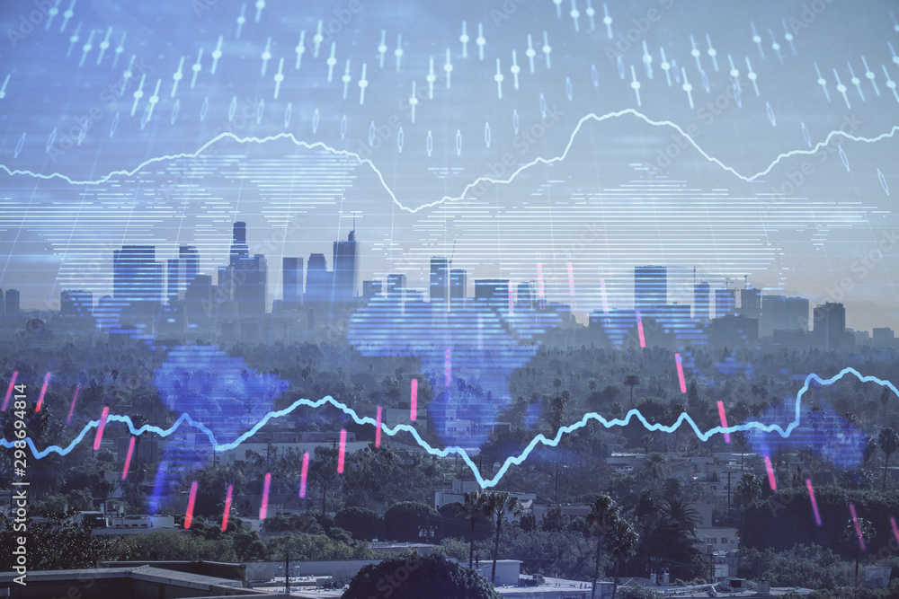 Forex chart on cityscape with skyscrapers wallpaper multi exposure. Financial research concept. Forex chart on cityscape with skyscrapers wallpaper multi exposure. Financial research concept.