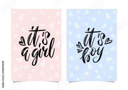 Gender Reveal banners It's a Girl and It's a Boy. Calligraphy lettering with heart confetti pattern . Vector template for Baby shower party decoration, invitation, announcement , poster, etc.