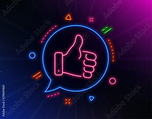 Like hand line icon. Neon laser lights. Thumbs up finger sign. Gesture symbol. Glow laser speech bubble. Neon lights chat bubble. Banner badge with like hand icon. Vector