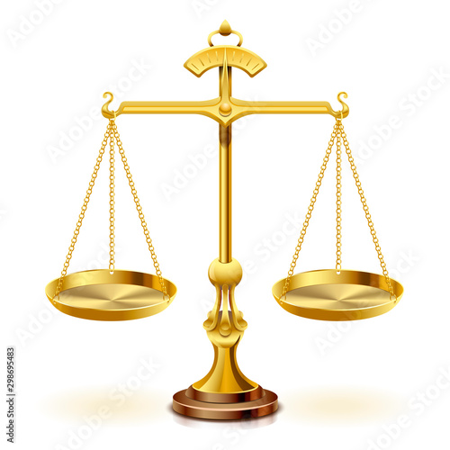 Gold scale of justice on white background.
