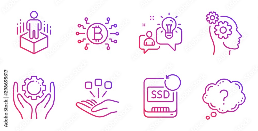 Thoughts, Recovery ssd and Augmented reality line icons set. Idea, Bitcoin system and Consolidation signs. Employee hand, Question mark symbols. Business work, Backup info. Science set. Vector Thoughts, Recovery ssd and Augmented reality line icons set. Idea, Bitcoin system and Consolidation signs. Employee hand, Question mark symbols. Business work, Backup info. Science set. Vector