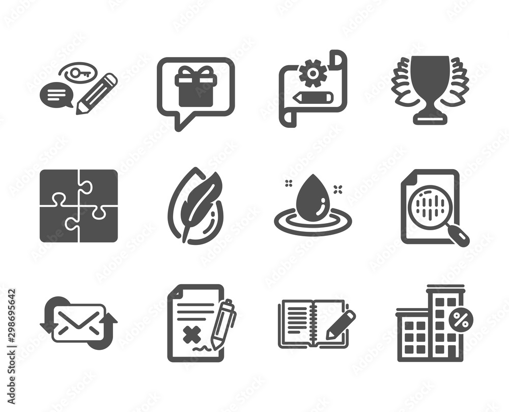 Set of Business icons, such as Winner, Fuel energy, Analytics chart, Wish list, Feedback, Loan house, Cogwheel blueprint, Puzzle, Reject file, Refresh mail, Keywords, Hypoallergenic tested. Vector Set of Business icons, such as Winner, Fuel energy, Analytics chart, Wish list, Feedback, Loan house, Cogwheel blueprint, Puzzle, Reject file, Refresh mail, Keywords, Hypoallergenic tested. Vector