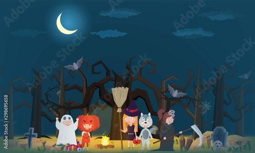 The little witch And children wearing fantasy ghosts in the cemetery for halloween party- Mobile Game 2d game