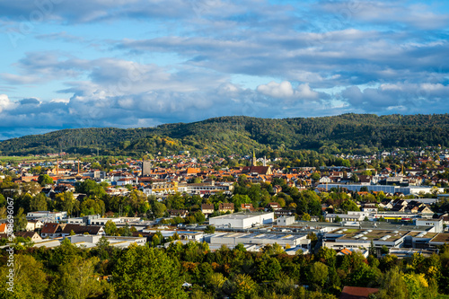 Germany, Scenic view above the houses, roofs, and church forming the skyline of historical city schorndorf © Simon