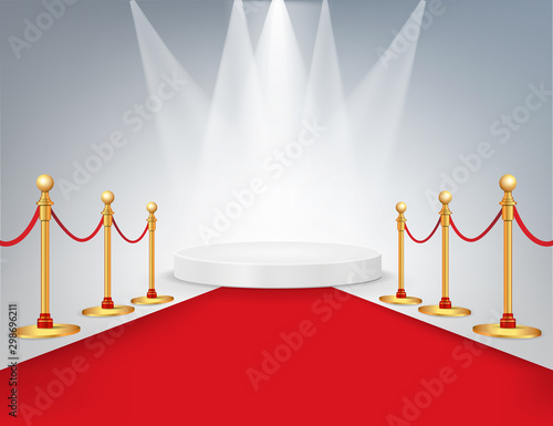 White round podium with red carpet and lights isolated on background. Vector illustration.