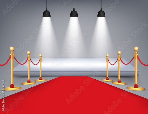 White round podium with red carpet and lights isolated on background. Vector illustration.