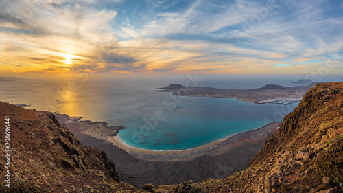 View at Atlantic ocean and La Graciosa islands at sunset, Lanzarote, Canary Islands, Spain