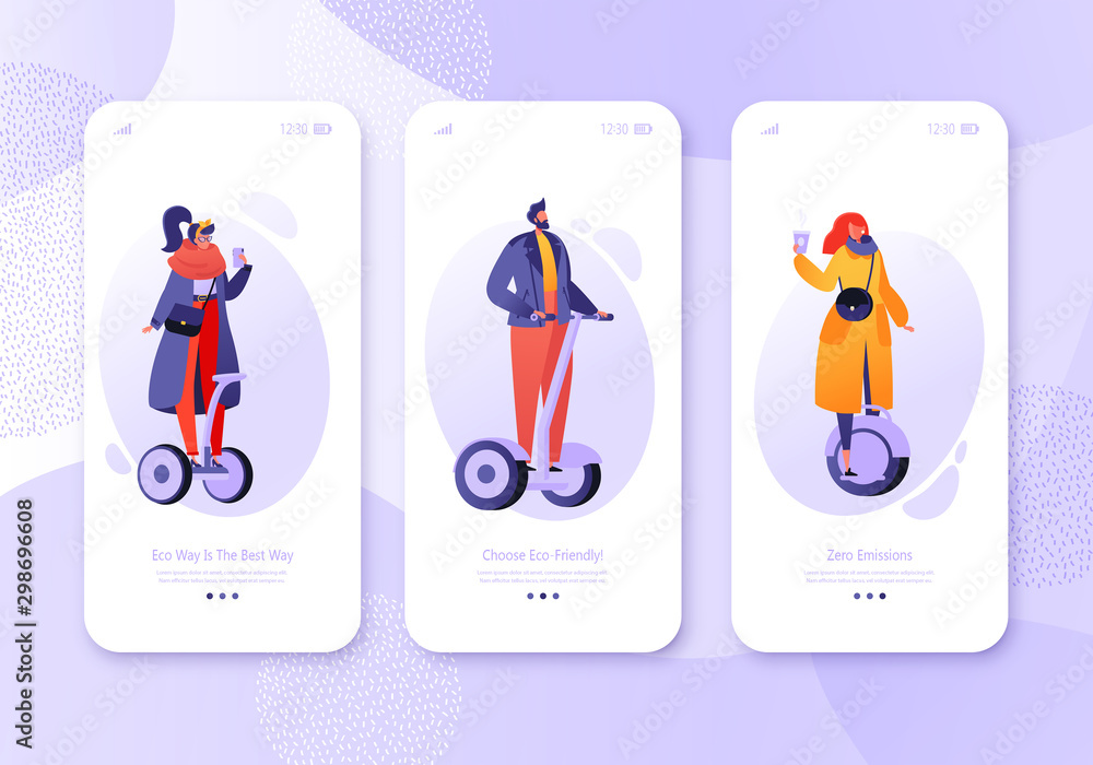 Ecology and autumn outdoor concept for mobile app page, onboard screen set. Flat cartoon characters of women riding modern electric scooter, hoverboard. Two millennial girls for a walk, talking. Ecology and autumn outdoor concept for mobile app page, onboard screen set. Flat cartoon characters of women riding modern electric scooter, hoverboard. Two millennial girls for a walk, talking.