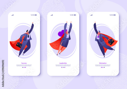 Concept of teamwork, business, financial success, leadership, commitment to work theme. Flat flying business people heroes. Vector illustration for mobile website development and web page design. 