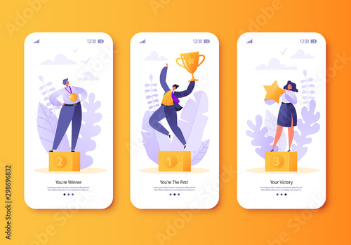 Mobile app page, screen set. Men and women celebrating victory. Business, success, teamwork, achievement, theme. Happy business people standing on the winner podium with awards gold cup and medal.