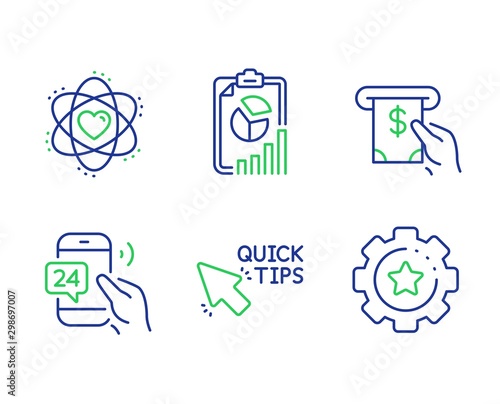 Atom, Quick tips and 24h service line icons set. Report, Atm service and Settings gear signs. Electron, Helpful tricks, Call support. Presentation chart. Technology set. Vector