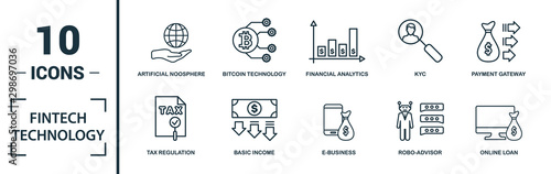 Fintech Technology icon set. Include creative elements basic income, bitcoin technology, online loan, kyc, business model icons. Can be used for report, presentation, diagram, web design