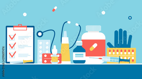 Concept set medical objects. Flat style vector illustration. Medicine concept for banner, poster, layout, website, template.