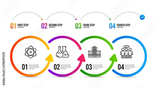 Employees group sign. Infographics timeline. Atom, Hospital building and Chemistry lab line icons set. Electron, Medical help, Laboratory. Collaboration. Science set. Atom icon. Vector