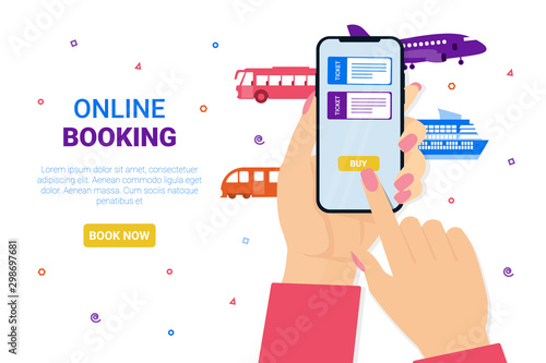 Female hands hold the phone. Airplane, bus, train, cruise ship, railway. Booking online tickets now. Flat vector concept illustration for web page, banner, poster, template, layout.