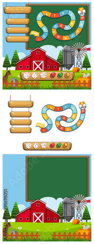 Set of game template with red barn on the farm