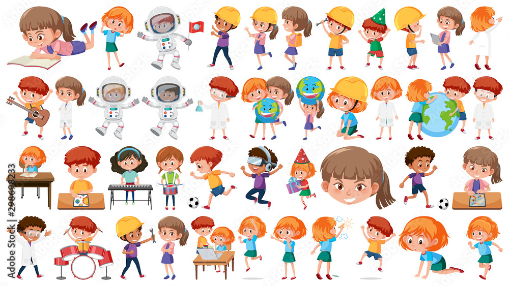 Set of boys and girls in different actions Set of boys and girls in different actions