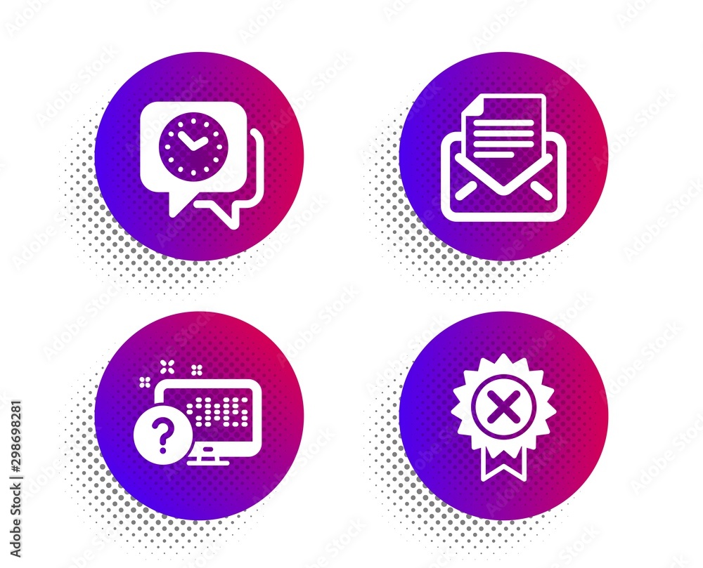 Online quiz, Clock and Mail correspondence icons simple set. Halftone dots button. Reject medal sign. Web support, Time, E-mail newsletter. Award rejection. Technology set. Vector Online quiz, Clock and Mail correspondence icons simple set. Halftone dots button. Reject medal sign. Web support, Time, E-mail newsletter. Award rejection. Technology set. Vector