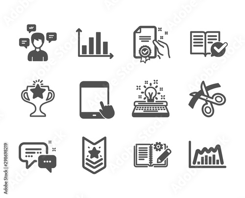 Set of Education icons, such as Approved documentation, Tablet pc, Scissors, Diagram graph, Employees messenger, Typewriter, Certificate, Victory, Engineering documentation, Shoulder strap. Vector