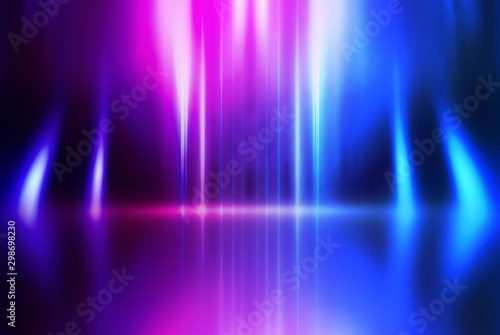 Empty background scene. Dark street reflection on wet asphalt. Rays of neon light in the dark, neon shapes, smoke. Background of an empty stage show. Abstract dark background.