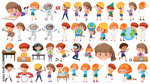 Set of boys and girls in different actions