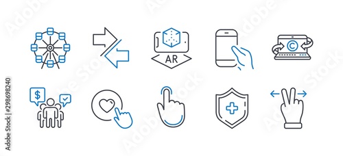 Set of Technology icons, such as Hold smartphone, Ferris wheel, Hand click, Teamwork, Copywriting notebook, Synchronize, Like button, Augmented reality, Medical shield, Touchscreen gesture. Vector