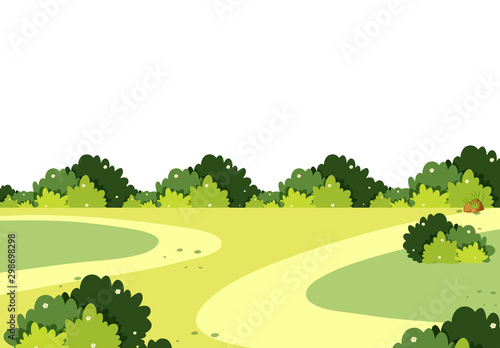 Scenery background of green field with bushes