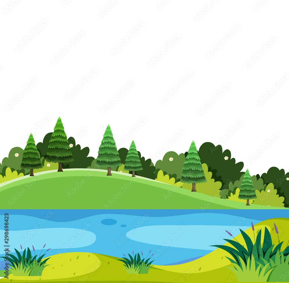 Scenery background of pine trees and river
