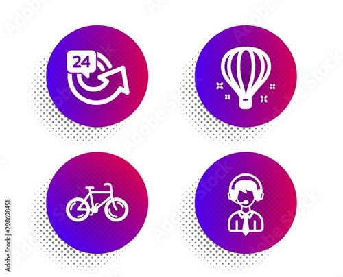 Air balloon, 24 hours and Bicycle icons simple set. Halftone dots button. Shipping support sign. Sky travelling, Repeat, Bike. Delivery manager. Transportation set. Vector