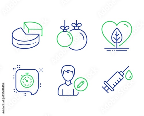 Edit person, Christmas ball and Local grown line icons set. Pie chart, Timer and Medical syringe signs. Change user info, Decoration, Organic tested. 3d graph. Line edit person outline icons. Vector