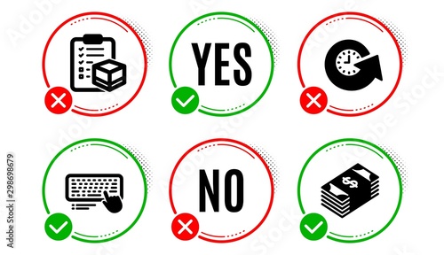 Update time, Parcel checklist and Computer keyboard icons simple set. Yes no check box. Usd currency sign. Refresh watch, Logistics check, Pc device. Buying commerce. Business set. Vector