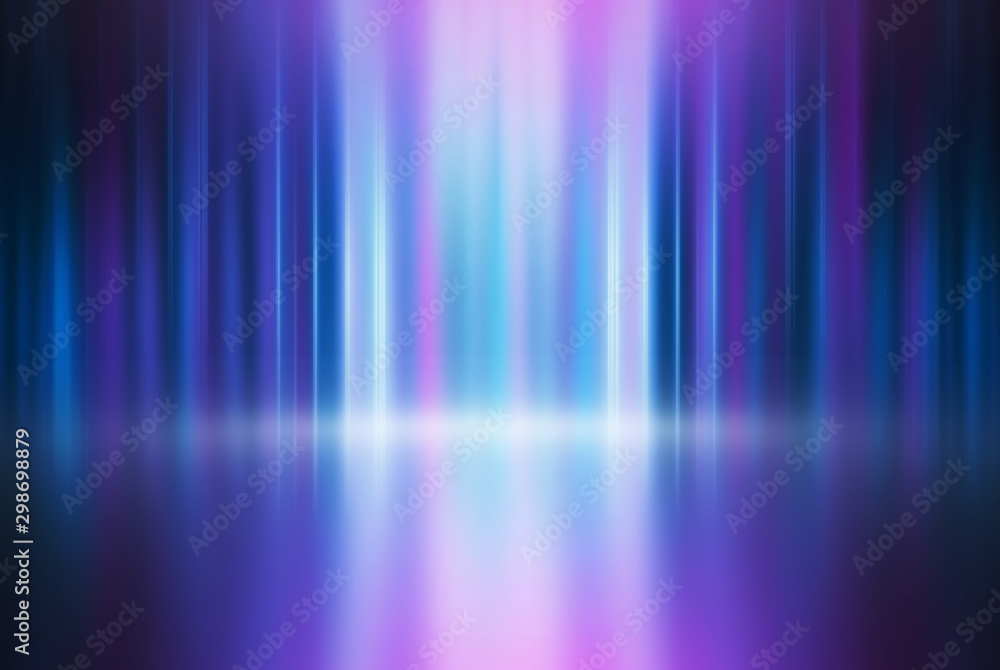 Empty background scene. Dark street reflection on wet asphalt. Rays of neon light in the dark, neon shapes, smoke. Background of an empty stage show. Abstract dark background.