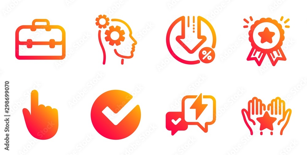 Loyalty award, Thoughts and Hand click line icons set. Portfolio, Loan percent and Lightning bolt signs. Verify, Ranking symbols. Bonus medal, Business work. Technology set. Vector