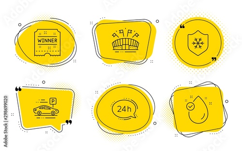 24h service, Clean skin and Vitamin e signs. Chat bubbles. Winner ticket, Sports arena and Car parking line icons set. Carousels award, Event stadium, Transport place. Call support. Vector