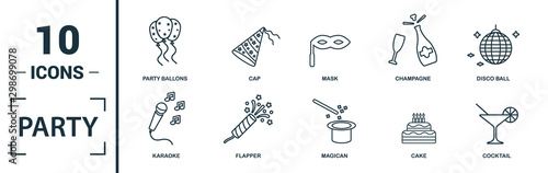 Party Icon icon set. Include creative elements flapper with confetti, gift, karaoke, champagne, harmonic icons. Can be used for report, presentation, diagram, web design