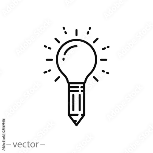 creative idea icon, pencil lightbulb logo, light inspiration concept, innovation, thin line web symbol on white background - editable stroke vector illustration eps 10