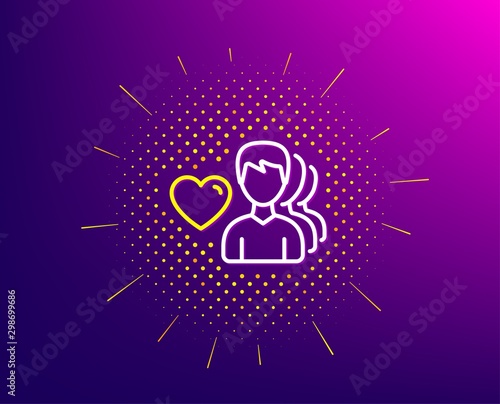Couple Love line icon. Halftone pattern. Group of Men sign. Valentines day symbol. Gradient background. Man love line icon. Yellow halftone pattern. Vector