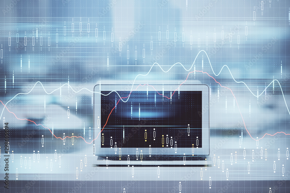 Forex Chart hologram on table with computer background. Double exposure. Concept of financial markets. Forex Chart hologram on table with computer background. Double exposure. Concept of financial markets.