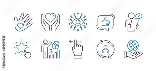 Set of People icons, such as Hold heart, User info, Touchscreen gesture, Like, Customer survey, Seo statistics, Artificial intelligence, Social responsibility, Ranking star, Safe planet. Vector